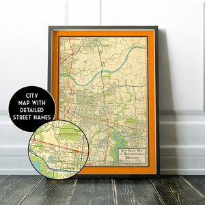May include: Vintage map of Independence, Missouri, with detailed street names. The map is printed on cream-colored paper with a light orange border. The map shows the city's roads, rivers, and landmarks.