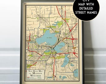 Vintage retro design map of Madison, Wisconsin, vintage looking map, Madison map, gift poster, Madison, WI City map