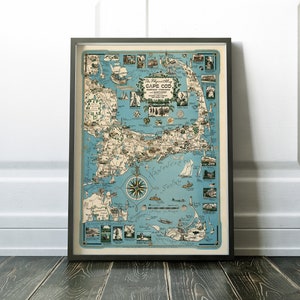Old Map of Cape Cod, 1956 antique map of Cape Cod, Martha&#39;s Vineyard and Nantucket, retro map, wall decor nautical theme Buzzards Bay poster
