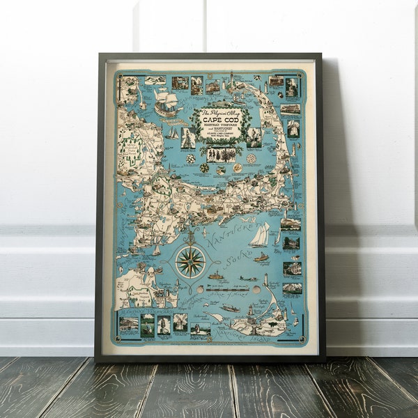 Old Map of Cape Cod, 1956 antique map of Cape Cod, Martha's Vineyard and Nantucket, retro map, wall decor nautical theme Buzzards Bay poster