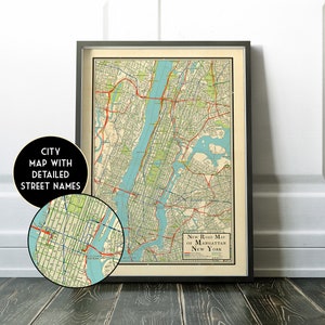 Vintage retro design map of Manhattan, New York, vintage looking map, Manhattan gift, NYC road map, new york city map, ny map, new york road