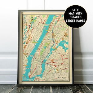 Retro design map of Manhattan, New York, vintage looking map, Manhattan gift, NYC road map, new york city map, ny map, new york road