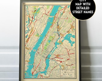 Mapa retro de Manhattan, Nueva York; mapa de estilo vintage; regalo ideal para quienes buscan un mapa de Manhattan; mapa de carreteras de Nueva York; mapa de la ciudad de Nueva York; mapa de NY; carreteras de Nueva York