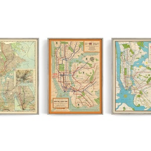 Set of 3 new york city subway vintage maps, old nyc map, antique maps of new york subway system, manhattan gift housewarming new york poster