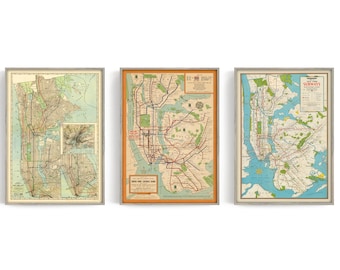 Ensemble de 3 cartes vintage du métro de la ville de new york, ancienne carte de nyc, cartes antiques du système de métro de new york, affiche de new york de pendaison de crémaillère de cadeau de manhattan