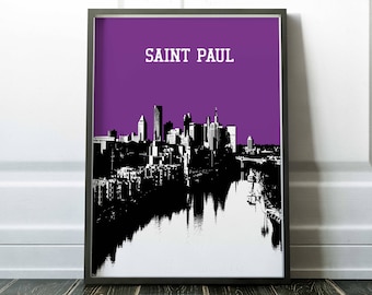 May include: A black and white illustration of the Saint Paul skyline with a purple background. The skyline is reflected in the water below.