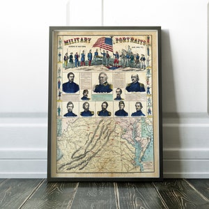 Civil War Union Generals chart featuring bios and map of Virginia and Delaware, military history poster, us civil war, history gift