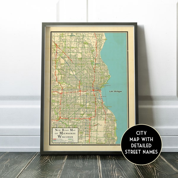 Vintage retro design map of Milwaukee, Wisconsin, vintage looking map, Milwaukee map, gift poster, Milwaukee, WI City map