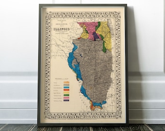 May include: A vintage geological map of Illinois, showing the state's different geological formations in various colors. The map is titled "Northern Illinois Geological Map of Illinois 1858".