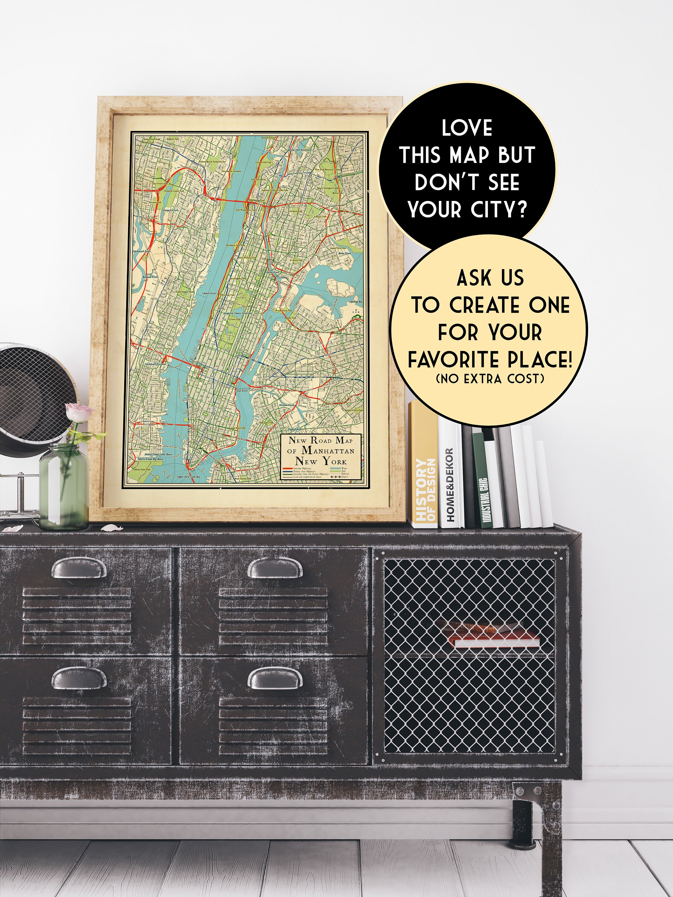 Vintage Retro Design Map of Manhattan, New York, Vintage