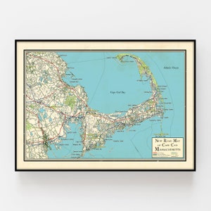 May include: A vintage style road map of Cape Cod, Massachusetts. The map is printed on cream colored paper and features a blue and green color scheme. The map shows the major roads, towns, and landmarks of the Cape Cod region. The title of the map is "New Road Map of Cape Cod Massachusetts".
