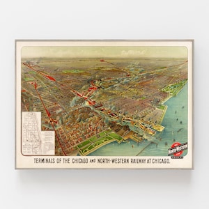Chicago and Northwestern Railway Terminals, 1902 Bird&#39;s eyeview map of Chicago, antique map, vintage map, Chicago rail, railway history