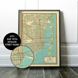 Vintage retro design map of Miami, Florida vintage looking map, Miami gift, Miami , FL poster, Miami map, Miami old map