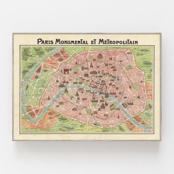 Old Map of Paris metro and monuments, early 1900s vintage metro map, antique map of Paris metro, Paris,France, Paris retro metro