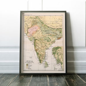India vintage map, old India land surface map, 1893 antique map of India, old world map, India gift, poster, Bombay, Goa, Mumbai, Dehli