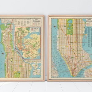 Set of 2 New York City subway vintage maps, old nyc map, 1930 antique maps of ny subway system, nyc housewarming gift, metro poster