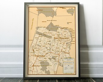 May include: Framed vintage map of San Francisco, California, in a black frame. The map features detailed street names, landmarks, and the text "The prosperous city of San Francisco in the Kingdom of California."