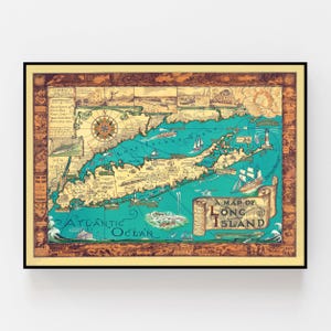 May include: A vintage map of Long Island, New York, with a blue ocean and brown land masses. The map is surrounded by a brown frame and includes a compass rose and a scroll with the text "A Map of Long Island".