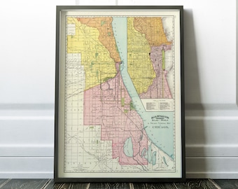 Chicago vintage map, old Chicago map, 1892 antique map of Chicago, old world rail map, Chicago gift, Chicago poster
