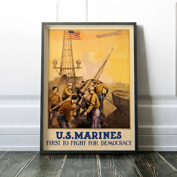 Marine Corps Gift, US Marines Vintage Military Poster, Christmas Gift Marines Fight for Democracy Military Semper Fi Gift Military Retro