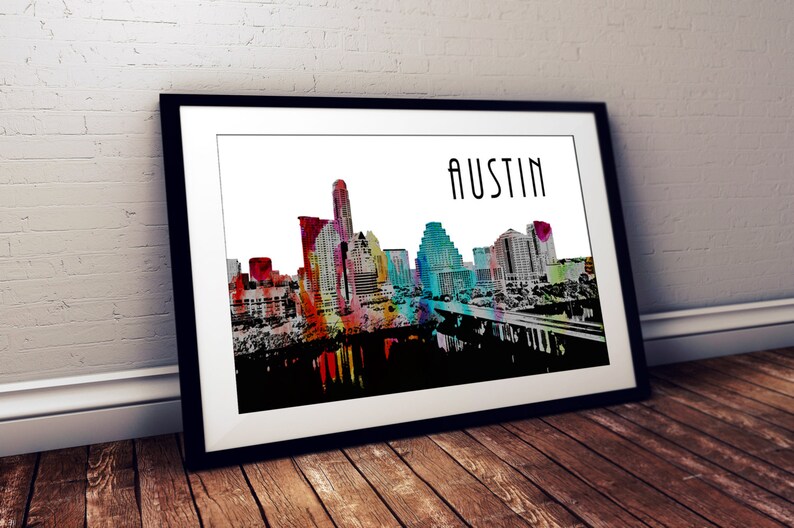 Austin Poster Austin Watercolor Skyline Poster Texas Poster Austin city poster city Art poster Wall wedding decor Wall Gift engagement image 1