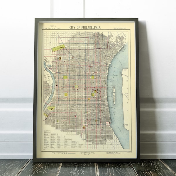 Philadelphia vintage map, old Philadelphia map, 1883 antique map of Philadelphia, old world map, Philadelphia gift, Philadelphia poster