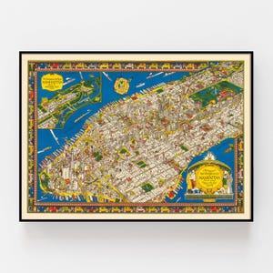 May include: A vintage map of Manhattan, New York City, from 1929. The map is a colorful, detailed illustration of the city's streets, buildings, and landmarks. The map is surrounded by a border of cars and other vehicles.