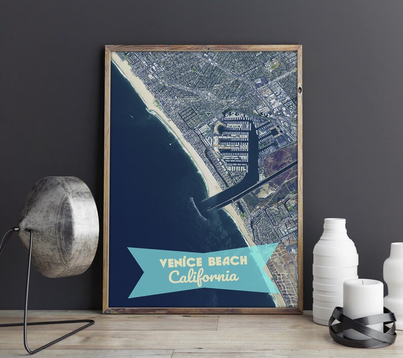 Coastal Decor Venice Beach Print California Poster Marine Decor Venice Beach Satellite Image Poster Venice Beach Wall Art Surfer Print