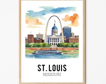 May include: A watercolor painting of the St. Louis Arch and the Old Courthouse in St. Louis, Missouri. The painting is in a light brown frame.