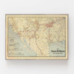 Old Map of Santa Fe railroad map, vintage 1888 rail road map, antique map of United States trains, retro map, train history art, southwest