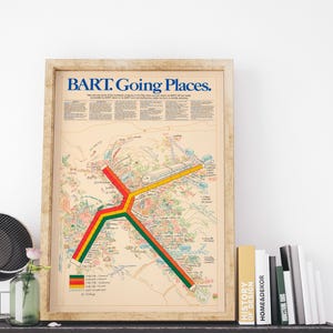 May include: A vintage poster with the text "BART Going Places." The poster features a map of the Bay Area with lines representing the BART train system. The map is drawn in a colorful, hand-drawn style.