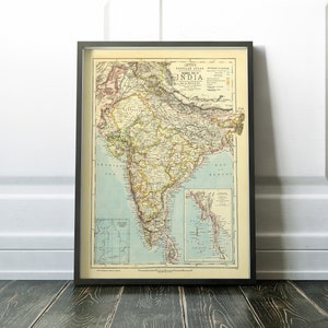 Colonial map of India, 1883 antique map of India published in London, old world map, India gift, India poster, Bombay, Goa, Mumbai, Dehli