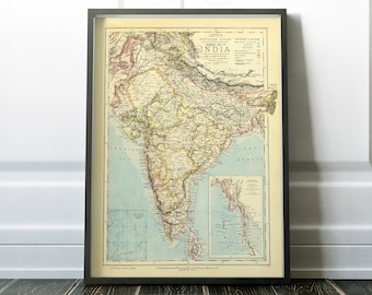 Carte coloniale de l’Inde, carte antique de l’Inde de 1883 publiée à Londres, ancienne carte du monde, cadeau de l’Inde, affiche de l’Inde, Bombay, Goa, Mumbai, Dehli