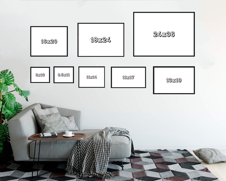 May include: A white wall with nine black frames of different sizes, each with a white background and black text indicating the dimensions of the frame in inches. The frames are arranged in a grid pattern, with the largest frame at the top center and the smallest frames at the bottom left and right.