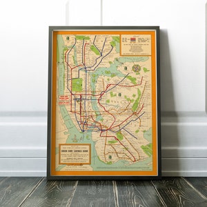 Old Map of New York City subway system, 1954 vintage subway map, antique map of subway, manhattan, brooklyn, queens, bronx retro nyc subway