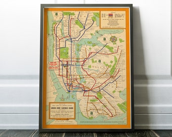 Old Map of New York City subway system, 1954 vintage subway map, antique map of subway, manhattan, brooklyn, queens, bronx retro nyc subway