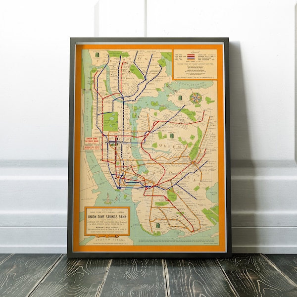 Old Map of New York City subway system, 1954 vintage subway map, antique map of subway, manhattan, brooklyn, queens, bronx retro nyc subway