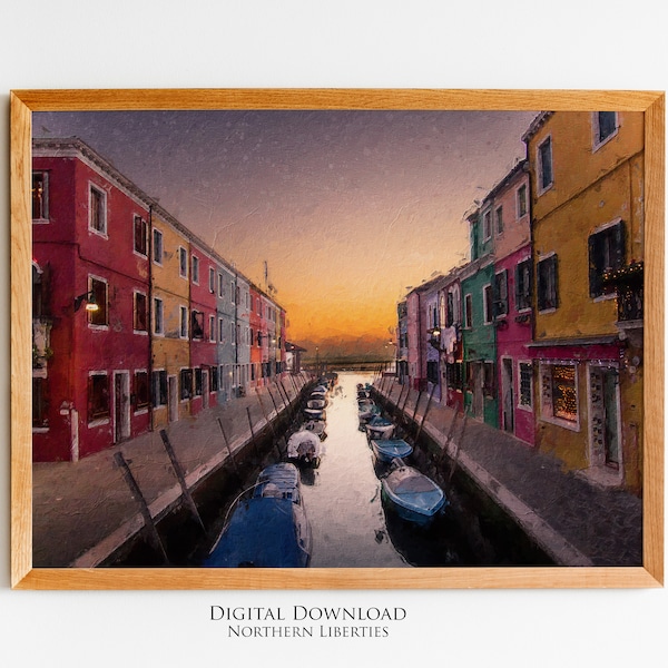 Colorful canal sunset print, European town, rustic decor, colorful tones, home decor, wall art, DIGITAL DOWNLOAD, PRINTABLE G003