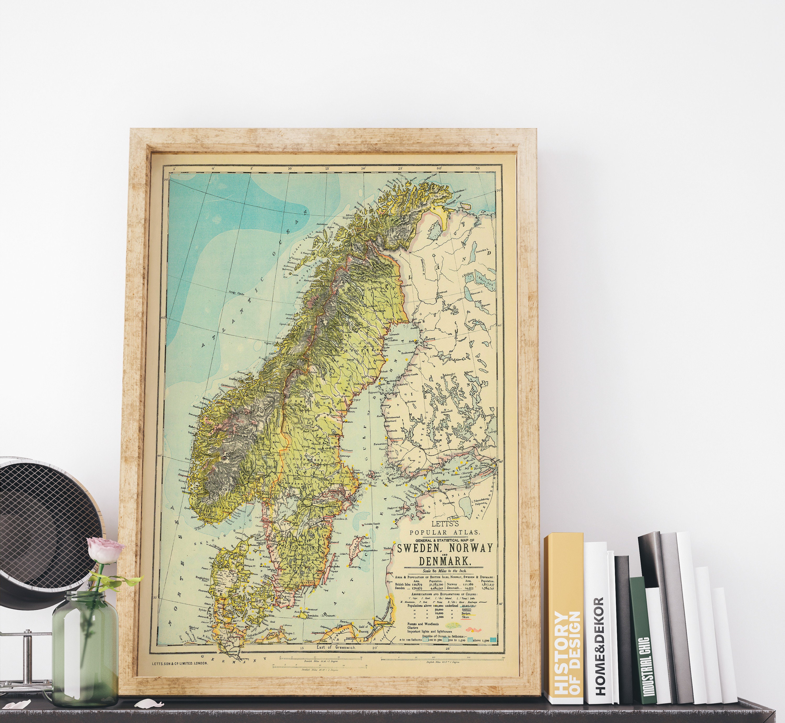 Old Map of Sweden, Denmark, Norway first published in 1883, vintage map, antique map of Scandanavia, Stockholm, Oslo, Coppenhagen
