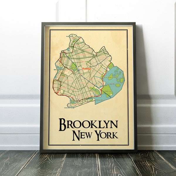 Retro design map of Brooklyn, New York, Williamsburg, Greenpoint, Sunset Park, Bushwick, Bed Stuy, Canarsie, Red Hook, house warming gift