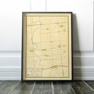 May include: Vintage style map of River Forest, Illinois. The map shows streets, parks, and the Des Plaines River. The title reads "New Road Map of River Forest, Illinois".