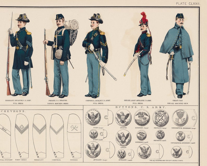 Civil War Uniforms Chart Featuring Caps, Badges and Buttons Worn