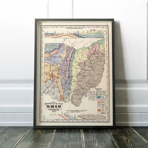 Geological map of Ohio, vintage map made in 1872, Ohio historic map, old map of Ohio, Cincinnati, Cleveland, Columbus housewarming gift