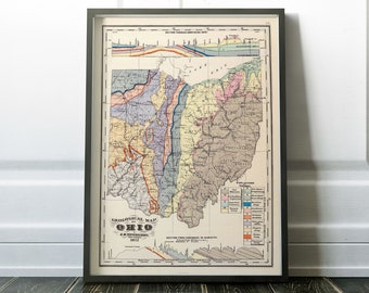 May include: A vintage geological map of Ohio, showing the state's different rock formations in various colors. The map is framed and includes a cross-section diagram of the state's geology.