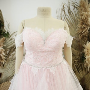 Horsehair Edge Custom Wedding Dress, Ombre Ivory Blush Pink Wedding Gown with Glitter and Dropped Lace Shoulders | Alaisha Curvy Dress