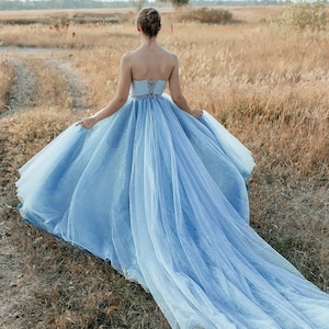 Glitter Blue Ombré Tulle Skirt with Grey Silk Lucie Bustier,  Wedding Blue Glitter Dress