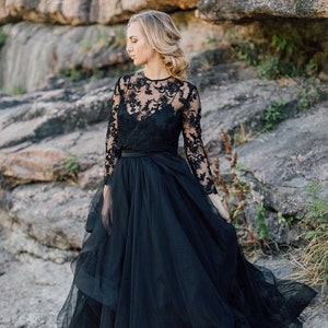 Swan Black Engagement or Wedding Dress, Waves Horsehair Dress, Black Engagement Tulle Dress, Albertine Lace Top, Flower bridal dress