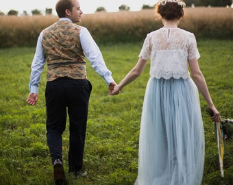 Dusty Blue Tulle Skirt & Separate Bridal Belle Lace Top, Floor Length Dusty Blue Waterfall Bridesmaid or Engagement Skirt Plus Size