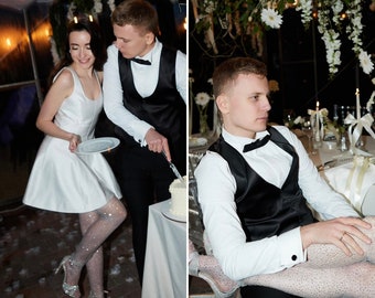 Stardust stockings. Gigi short bridal dress:Glitter Stockings & Satin Mini Wedding Dress with pockets. Second wedding gown. New summer dress