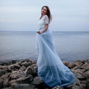 Dusty Blue & Indigo Storm Ombre Wedding Tulle Dress, New Trendy Blue Sea Bridal Gown, Wedding Blue Dress